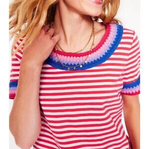 Boden Short Sleeve Crochet Fae T Shirt Womens XS Red Blue Cotton Colorful Summer